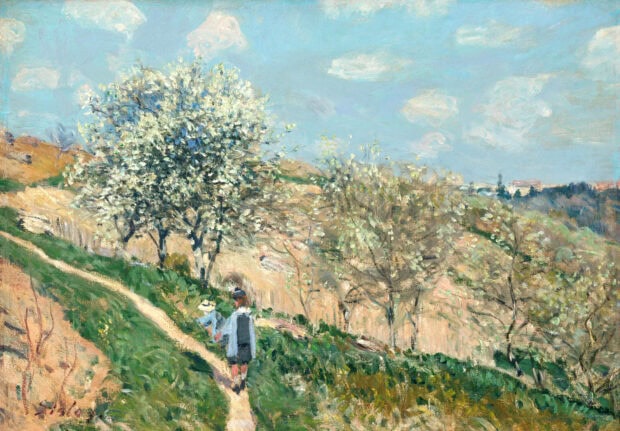 Blossoming trees along a hillside in impressionist landscape with children walking on a path