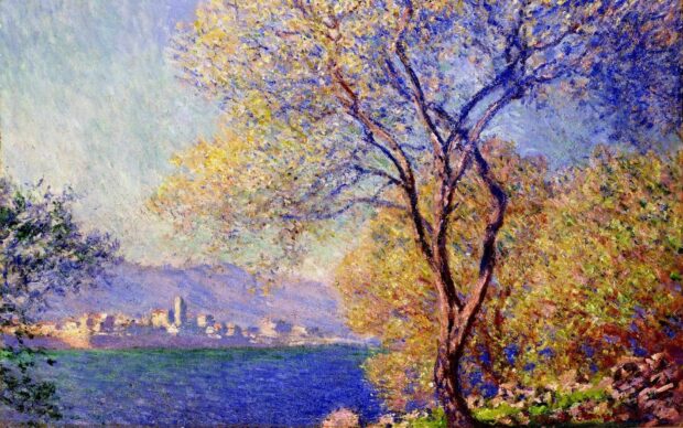 Impressionist landscape with a tree and distant town under a bright sky