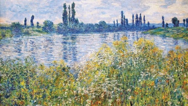 Impressionist landscape with wildflowers along the riverbank under a cloudy sky