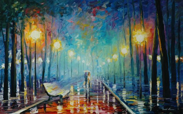Impressionist scene with vibrant colors and a couple walking down a park path under umbrella