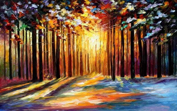 A colorful impressionist forest with warm sunlight shining through tall trees and vibrant foliage