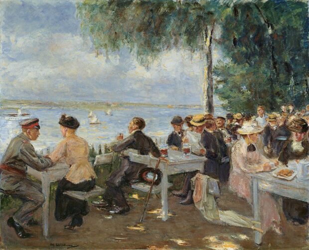 People enjoying a leisurely afternoon by the riverside in impressionist style painting