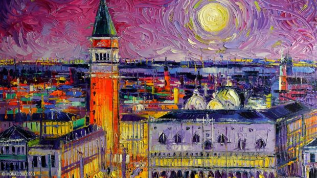 Vibrant impressionist cityscape with colorful buildings and a glowing full moon above