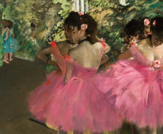 Young ballerinas wearing pink dresses in an impressionist style painting
