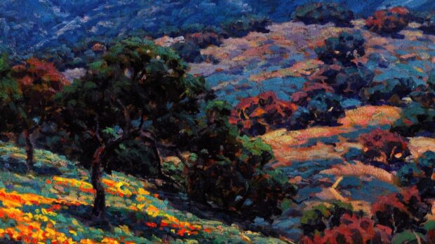A colorful impressionist landscape with trees and vibrant fields in high definition quality