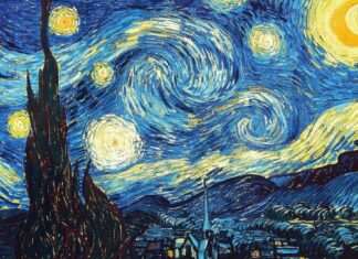 A classic starry night landscape with swirling sky displaying impressionist style