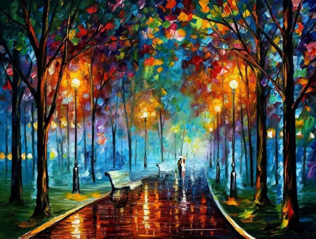 A colorful impressionist painting of a rainy park pathway with trees and lamp posts