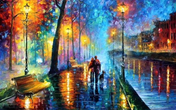 A couple walking with dogs along a rainy city street painted in vibrant impressionist style