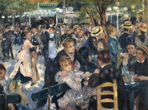 A lively impressionist scene of people dancing and socializing at an outdoor party