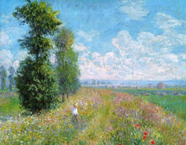 A peaceful impressionist scene of a person walking through a colorful wildflower field near tall trees