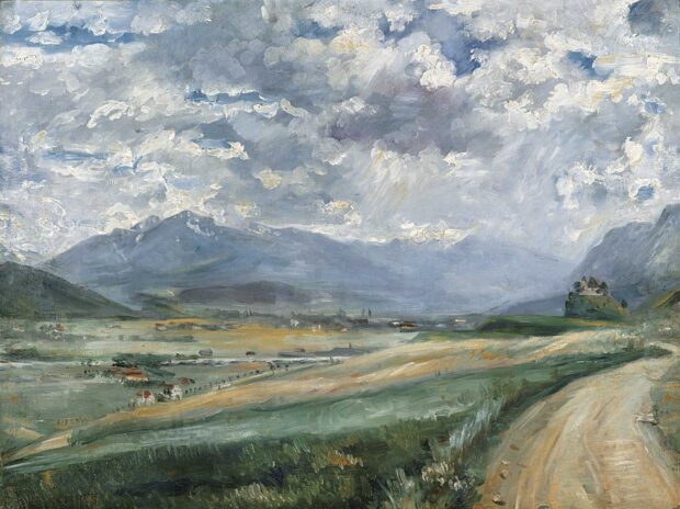 A scenic impressionist landscape with mountains and a cloudy sky