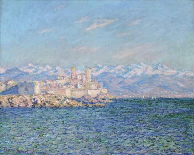 A serene impressionist coastal landscape capturing a distant village and mountains under a bright sky