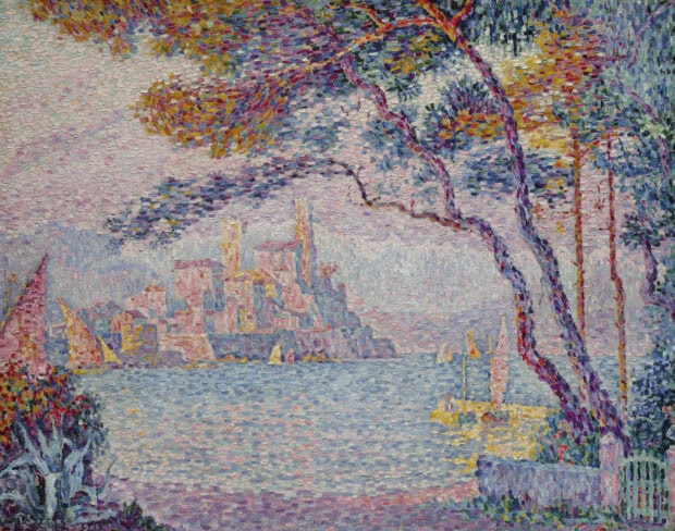 Colorful impressionist scene of a seaside town with trees and boats in vibrant strokes