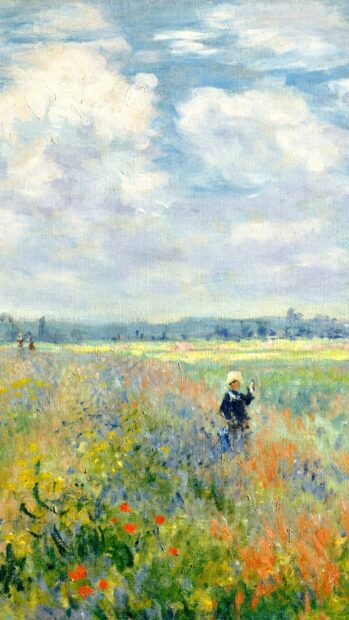 A boy standing in a colorful field showing impressionist art style with bright flowers and sky