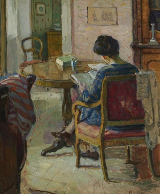 A woman reading a book in an impressionist style interior scene
