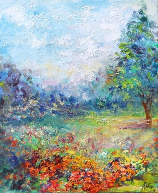 Colorful garden impressionist painting with vibrant flowers and trees in a serene landscape