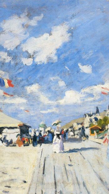 Impressionist scene of people walking on a boardwalk under a bright blue sky