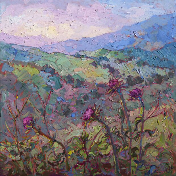 Purple mountain landscape with wildflowers in an impressionist style