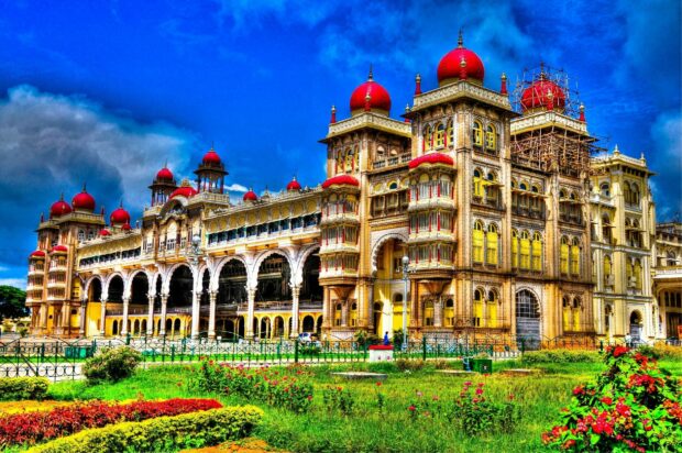 Mysore palace in India showcasing traditional architecture and vibrant gardens