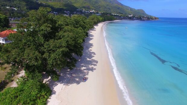A peaceful Indian Ocean coastline with white sandy beach and lush green trees along the shore