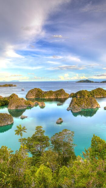 Tropical islands and lush greenery in an Indonesia landscape with turquoise waters and clear blue sky