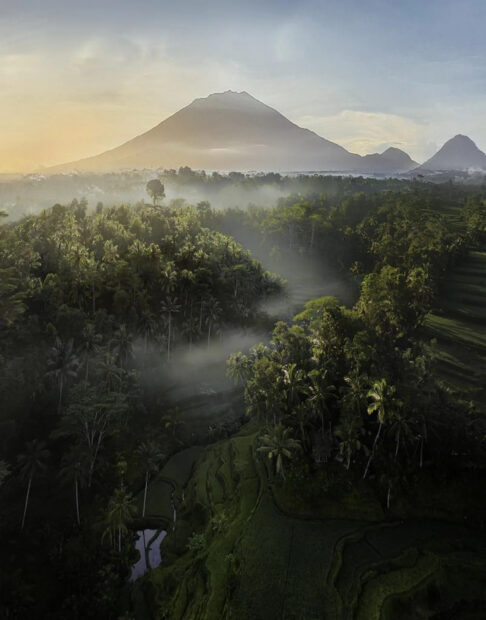 Misty forest and mountain landscape in Indonesia morning light