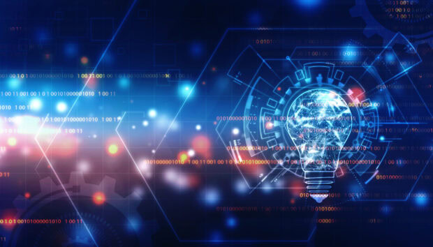 Digital innovation concept with glowing light bulb and binary code network
