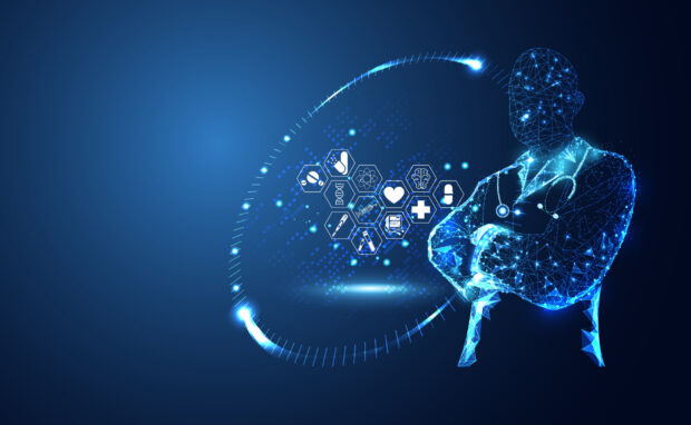 Digital healthcare innovation technology with medical icons and doctor figure from connected dots