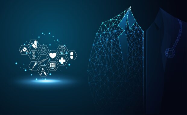 Digital innovation concept with health technology icons and network suit outline