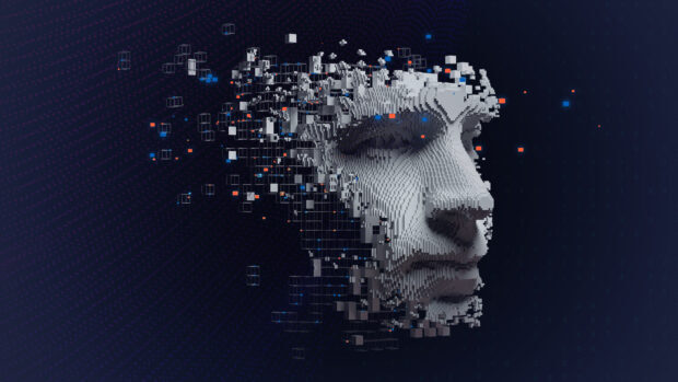 A digital face made of cubes representing innovation and technology concepts