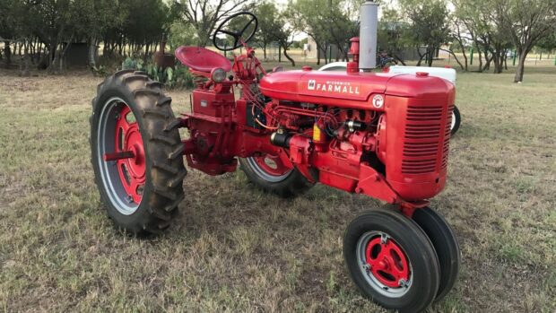 Vintage McCormick Farmall tractor in a field with trees and grass