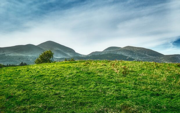 Green rolling hills in the Irish countryside with distant mountains under a bright sky