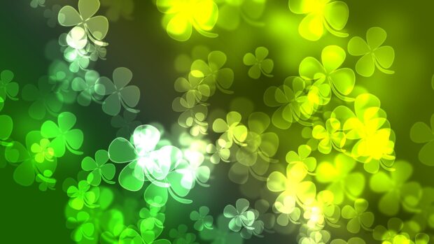 Glowing clover leaves create a vibrant Irish shamrock pattern in green and yellow hues