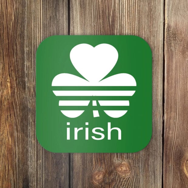 White shamrock symbol with stripes and the word irish on a green square background