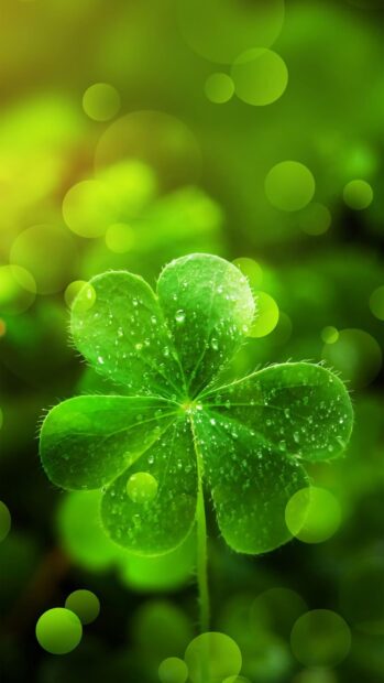 Close up of a green shamrock with water droplets in a natural setting