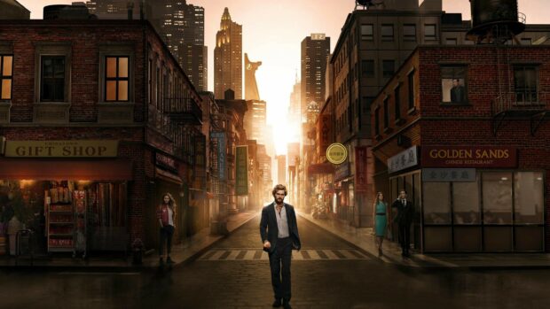 A man representing Iron Fist walks confidently down a city street at sunset in New York style