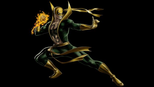 Iron Fist character in a fighting pose with a glowing fiery fist