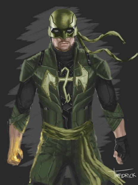 A detailed digital painting of Iron Fist in his green suit with glowing fist and mask