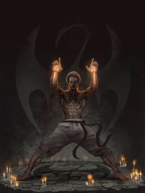 A muscular martial artist practicing the iron fist pose surrounded by glowing candles in a dark room