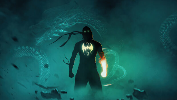 A shadowy figure of Iron Fist with glowing eyes and fist stands before a mystical dragon silhouette in a dark misty environment