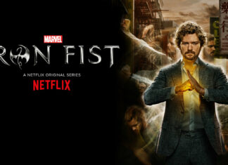 A man with iron fist powers preparing for a fight in an urban setting with Iron Fist logo