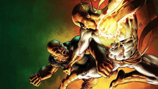 Iron Fist fighting a powerful opponent in a dynamic comic book scene