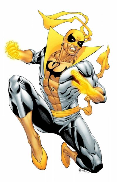 Dynamic Iron Fist character in action pose with glowing fists and iconic costume