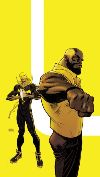 Iron Fist character in yellow costume with clenched fist standing beside another hero on bright yellow background