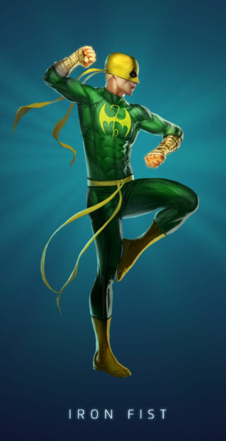 Iron Fist in green martial arts suit striking a fighting pose with clenched fists and raised leg