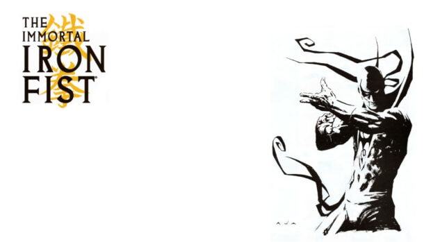 The immortal iron fist character striking a powerful pose in black and white art