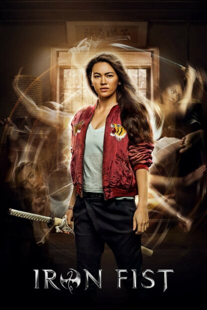 Female Iron Fist character holding a sword in a red jacket in action poses
