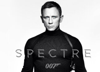 Daniel Craig as James Bond wearing a black turtleneck in Spectre film poster