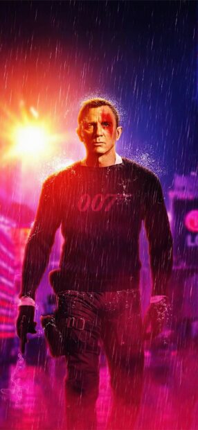 James Bond character walking in the rain with a gun in a vibrant cityscape