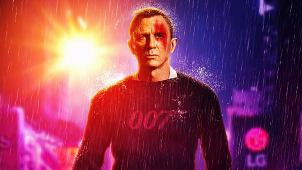 James Bond character in a rainy neon cityscape wearing a 007 shirt